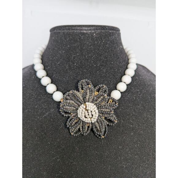 Miriam Haskell Jewelry - Miriam Haskell White & Black Bead Large Statement Acrylic Flower Necklace 17"